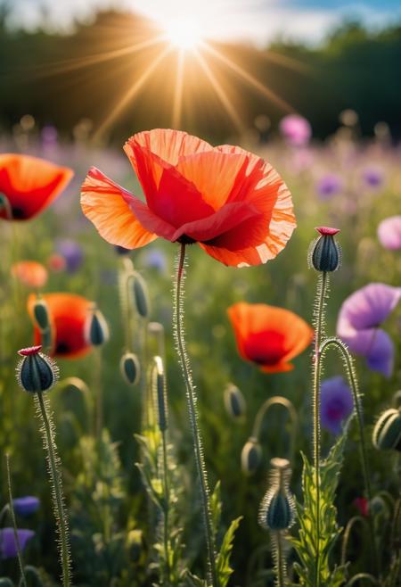 ((RAW Photo, 32k Ultra hd)) (masterpiece:1.4) (best quality:1.4) deep rich vibrant color scheme, in the style of romanticism, vibrant colors, photorealistic, The image portrays a vibrant and colorful wildflower meadow under a bright blue sky. At the forefront, a striking red poppy with a black center is in full bloom, serving as the main focal point amongst a blend of other flowers. The subtle mixture of whites, blues, pinks, and purples from the surrounding flora creates a tapestry of natural hues that adds to the richness of the scene. The composition captures the essence of a sunny day, with sunlight filtering through the petals and leaves, creating soft highlights and a sense of depth. The shallow depth of field ensures the red poppy stands out, with the background and some foreground elements artfully blurred, directing the viewer's attention to the intricate details of the poppy's petals and its center. No human subjects are present, allowing the viewer to immerse themselves in the tranquility of this botanical setting. The image evokes the feeling of a peaceful summer day and highlights the beauty that can be found in a natural, wild setting, photoreal, hypermaximalist, detail, unique shot, ((hyper-realistic, exquisite detail, intricate detail, super-resolution, super sharp, Hasselblad, Fujifilm xt3, Studio Lighting, top lighting, volumetric lighting, UHD, hdr, intricate, highly detailed, sharp focus, ((((cinematic look)))), soothing tones, insane details, intricate details, hyperdetailed, exposure blend, exquisitely sharp photo, hyperrealistic, incredible detail, incredibly sharp focus, extraordinary intricate detail, shallow Depth of Field, sharply focused
