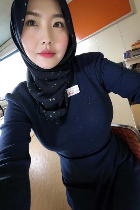 (masterpiece), (high quality, best quality, realistic, expressive eyes), classroom, (upper body), 1girl, mature female, mole under mouth, (orange hijab:1.1, blue dress:1.1, print dress), name tag, selfie