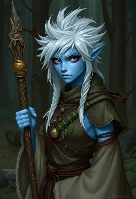 (((detailed, beautiful, high quality))), female tiefling, blue skin, white sclera, no iris, blank eyes, white hair, spiky hair, tomboy, druid clothing, forest environment, holding druid staff