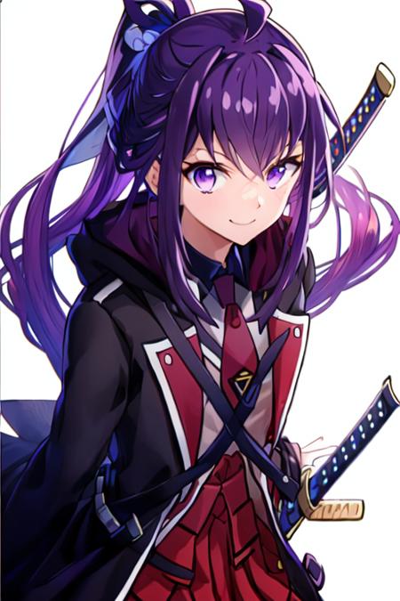 nno, purple eyes, purple hair, long hair, bang, black-burgundy jacket, burgundy tie, sword hilt, hand on sword hilt, looking at viewer, smile, white background
high quality, best quality, ultra detailed, masterpiece, <lora:EMS-51889-EMS:0.800000>