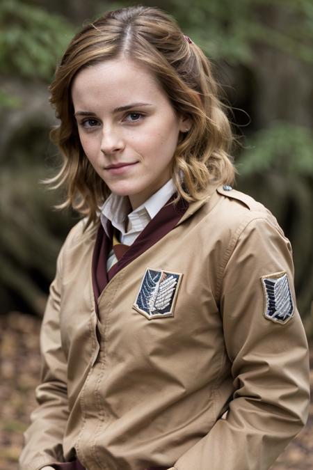Photograph of emma2009 woman, outdoors, wearing the survey corps uniform, survey corps (emblem), brown jacket. <lora:EmmaWatson09-10_v1.0.1b-Realvis:0.7> <lora:mikasa:0.6>