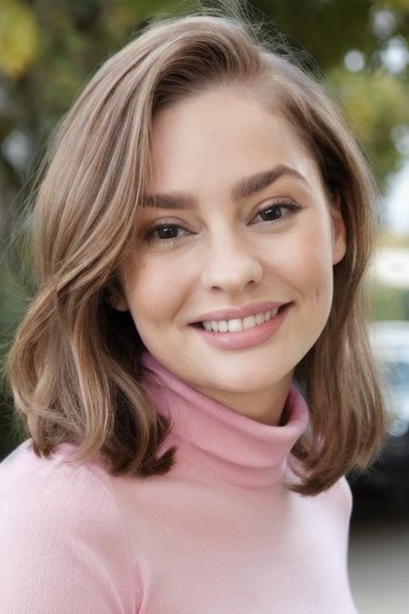 Portrait of beautiful m4rym00dy woman, detailed face, smiling, (blurred background)+, pink turtleneck blouse, in a park