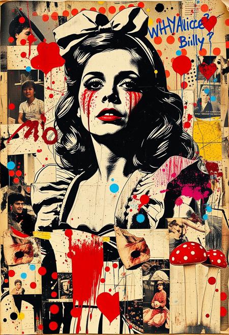 A pop art style of Butcher Billy mixed media collage artwork. Deconstructed, provocative, surreal, intense and chaotic composition. Street art textures, overlapping layers and vibrant retro colours. A distressed photocopy print of a magazine image of a Betty Page style character dressed as Alice in Wonderland covered in blood. Print errors, halftone dots. grungy print registration errors. Overlaying this are multiple layers of vintage storybook images, hand-drawn shapes and patterns, bold paint splashes. Next are layered sections of repetitive brightly coloured dots are spraypainted in Yayoi Kusama style - smears and spray. Paint splattered and dripping. Torn magazine photos of knives and toadstools glued to the layers. These partially hide sections of the images below. On the top layer are rough hand-drawn shapes, abstract patterns and love hearts scrawled heavy-handedly in blue biro and Sharpie marker. Text: "Why Alice?"