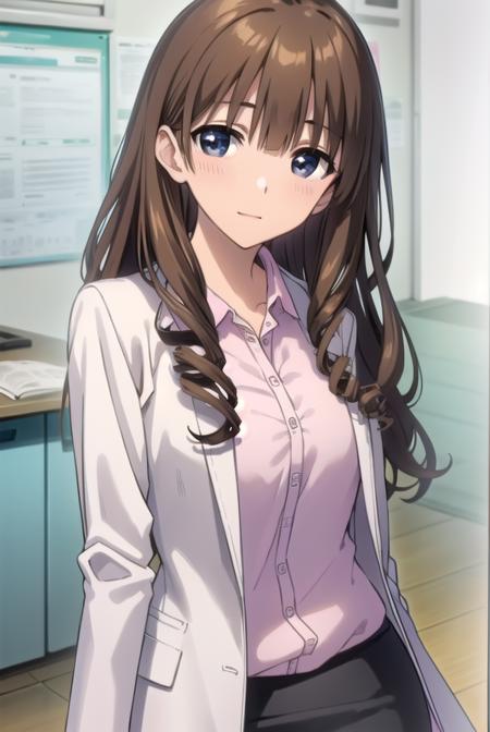 taeanegasaki, <lora:tae anegasaki s2-lora-nochekaiser:1>,
tae anegasaki, long hair, brown hair, (light brown hair:1.2) drill hair, (black eyes:1.5), bangs, blunt bangs, smile,
BREAK labcoat, shirt, (pink shirt:1.2), collared shirt, skirt, pencil skirt, black skirt, (white labcoat:1.2),
BREAK indoors, classroom,
BREAK looking at viewer, (cowboy shot:1.5),
BREAK <lyco:GoodHands-beta2:1>, (masterpiece:1.2), best quality, high resolution, unity 8k wallpaper, (illustration:0.8), (beautiful detailed eyes:1.6), extremely detailed face, perfect lighting, extremely detailed CG, (perfect hands, perfect anatomy),