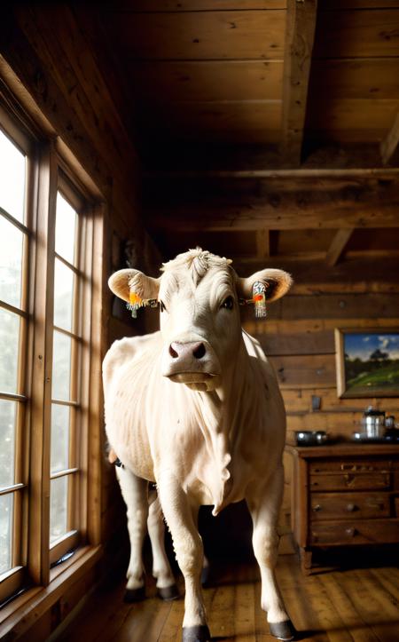 analog film photo ((best quality)), ((masterpiece)), (detailed), 8K, close-up shot of a cow standing inside a cozy, rustic living room, sunlight streaming through large windows, warm and inviting atmosphere, wooden floors, plush furniture, cow looking curiously at the camera, intricate details, (photorealistic:1.6), in the style of Norman Rockwell . faded film, desaturated, 35mm photo, grainy, vignette, vintage, Kodachrome, Lomography, stained, highly detailed, found footage