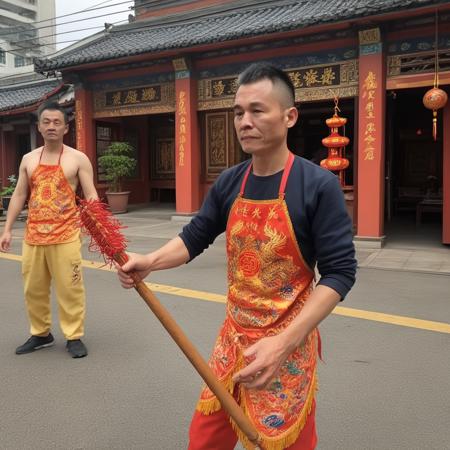 A young oracle, known as a "Ji Tong" in Taiwanese folk religion, is captured in a moment of trance-like intensity ,   <lora:houseman:0.85> ,housemanku, ku,Dressed in vibrant, traditional garments adorned with intricate embroidery and talismans, the Ji Tong is in the midst of a ritual. The setting is a bustling Taiwanese temple, filled with the smoke of incense and the fervent energy of devotees. The Ji Tong holds ritualistic tools in hand, perhaps a pair of crescent-shaped wooden blocks or a spiritual sword. The lighting is dramatic, casting shadows that accentuate the oracle's focused expression and the intricate details of the garments. The atmosphere is thick with the scent of incense and the murmurs of prayers, adding a layer of sensory depth to the image. Medium: Digital Photography. Style: Photojournalistic with a focus on cultural authenticity. Lighting: Natural temple lighting supplemented with soft, directional light to highlight the Ji Tong. Colors: Rich and vibrant to capture the essence of the ritual garments and temple decorations. Composition: A close-up shot that captures the Ji Tong and the immediate surroundings, with a blurred background to focus attention on the subject. Use photo hyper-realism, highly detailed, and high-resolution,<lora:dangi:0.6>