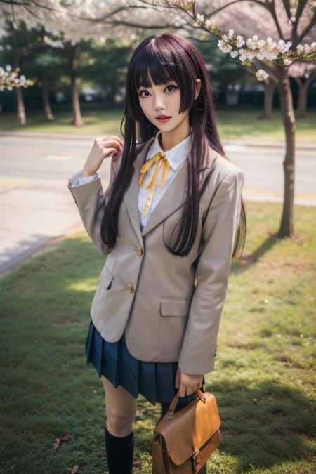 ultra-detailed,highly detailed,best quality,masterpiece,illustration,
gokou ruri, 1girl, solo,  cosplay, school uniform, 
long hair, outdoors,bangs, socks, pleated skirt, tree, long sleeves, blunt bangs, cherry blossoms, standing, day,blazer, straight hair,  hime cut, looking at viewer, very long hair, coat, collared shirt, ribbon, autumn, yellow ribbon, cowboy shot, 
 <lora:gokou ruri_v1_06:0.7>