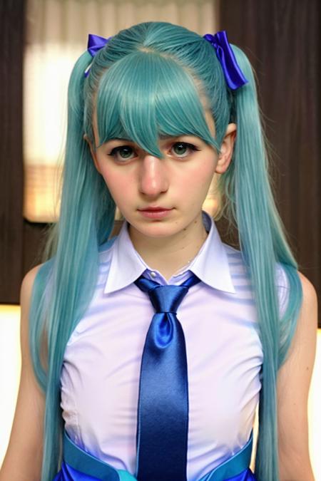 (beauty photo) portrait, rule of thirds,
<lora:Tweetney_SD15_v1.0:1> 
photograph <lora:epiCRealismHelper:1>
of woman Tweetney,  detailed hatsune miku \(cosplay\), blue tie, Short twin tails blue hair,    sleeveless white collared dress shirt, shirt_buttons, (arm warmers:1.1),  twin ponytail holders, nervous512, 
blurry background, black background, simple background
detailed skin, detailed face, detailed eyes,  soft focus, 
in style of peter hegre