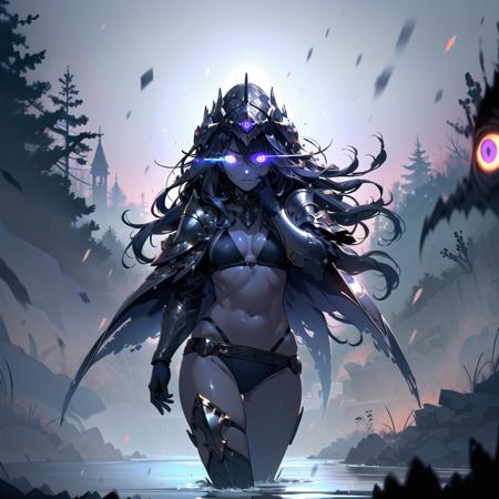 (1girl, long hair, collar, red eye purple eye heterochromia, glowing, glowing eyes, sulking) (digital) ( dynamic pose in detailed river, (reverse bikini armor)) , best quality, <lora:boldline:0.2>  <lora:hairdetailer:0.2>  insanevoid <lora:insanevoid:0.9>