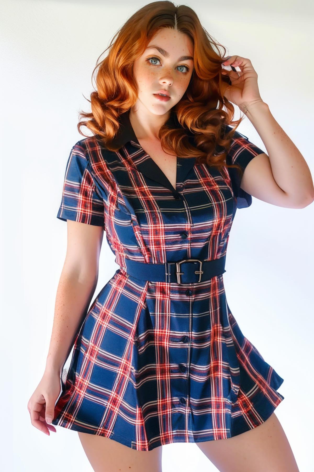 A woman wearing a blue and red plaid dress with a belt.