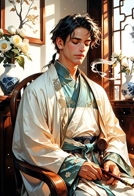 solo, short black hair, dignified man, seated, holding a long kiseru smoking pipe, traditional Hanfu-style silk robe, white with subtle embroidery, minimal floral patterns, tied sash, relaxed posture, closed eyes, long sleeves, white flower vase in the background, carved wooden chair, curling smoke, soft lighting, single earring, defined masculine facial features, composed expression, calm atmosphere, vase decor, semi-realistic style, digital painting, concept art, soft glow, muted cool tones, volumetric lighting, ultrahigh definition, absurdres, highres, cinematic aesthetic, painted style, dramatic light contrast with white robe and dark wood, misty atmosphere, ambient particles, serene mood, Midjourney style, elegant composition, aidma-niji, lazypos