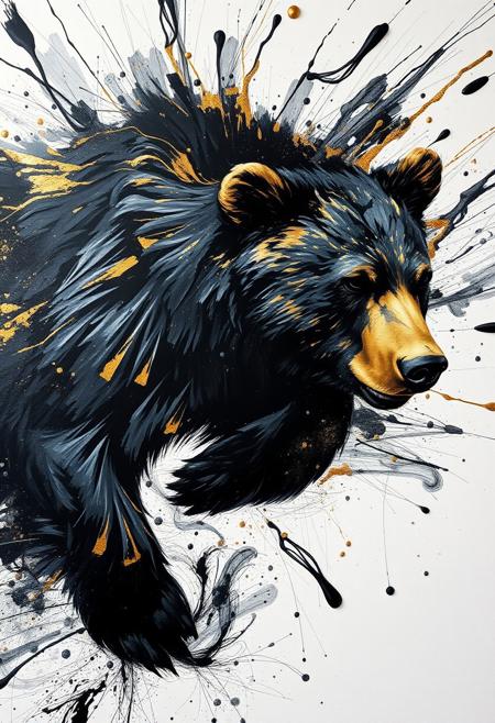 A hyper-stylistic, extremely detailed image depicts a breathtaking painting, crafted from a combination of smeared black and gold metallic paint. A bear is captured in a streaked motion, as if it is moving rapidly in one direction. The black paint is applied in bold, dynamic strokes, creating a sense of energy and movement that is contrasted beautifully by the golden accents. The gold paint is used to highlight the bear's features, adding a sense of depth and dimensionality to the image. The overall effect is one of breathtaking, surreal dynamism, as if the viewer has captured a fleeting moment in time. Every detail of the image is meticulously crafted, from the delicate, swirling patterns of the gold paint to the intricate, textured patterns of the black paint. The contrasts between light and dark, color and texture, create a sense of tension and energy that draws the viewer in, inviting them to explore the kinetic world of the painting. highest-Quality, intricate details, visually stunning, Masterpiece