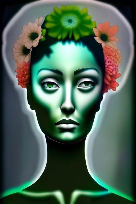 horror surrealist portrait by shawnmalloyrocks, some colored flowers are on an old gray man's head, in the style of art of tonga, celebrity image mashups, hyperrealistic murals, uhd image, shiny eyes, appropriation artist, maori art, green goddess 