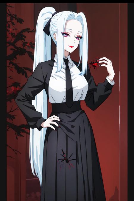 <lora:MeiMei-01:1> meimei, 1girl, solo, long hair, smile, long skirt, shirt, long sleeves, ponytail, white - light blue hair, black necktie, nail polish, hand on hip, black shirt, lipstick, letterboxed, purple nails, anime coloring, full body, long hair, looking at viewer, age 40, busty, large breasts, milf, black dress, Aesthetic, Trees, Demons, Blood Spatter, Haloween, black skirt, Blood Wall, Blush