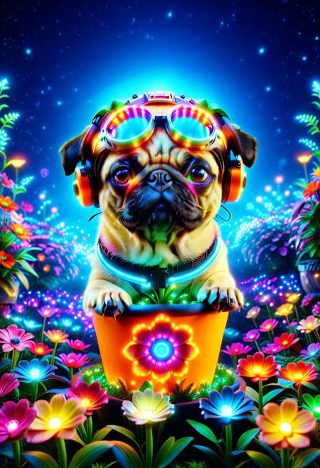 (made of colorful LED lights:1.2), closeup colorful LED lights pug puppy face Peeking out from colorful LED lights flowerpot, wear round goggles, wear animal ears helmet, Head antenna, in colorful LED lights flower garden, surround by colorful LED lights flowers, galaxy background, LED, colorful LED lights, cinematic, cinematic lighting, (masterpiece, best quality:1.4), ultra-high res, 4k, Photorealistic, insanely detailed, sfw,