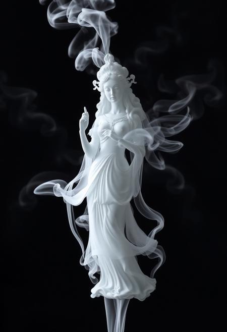 The image features a smoke-like representation of a beautiful goddess, which appears to be a white and gray goddess. The smoke is billowing upwards, creating a visually striking and artistic effect. The smoke is so dense and well-formed that it resembles the shape of a beautiful goddess, making it an interesting and unique sight. This artistic representation of a goddess using smoke adds a creative and captivating element to the scene.