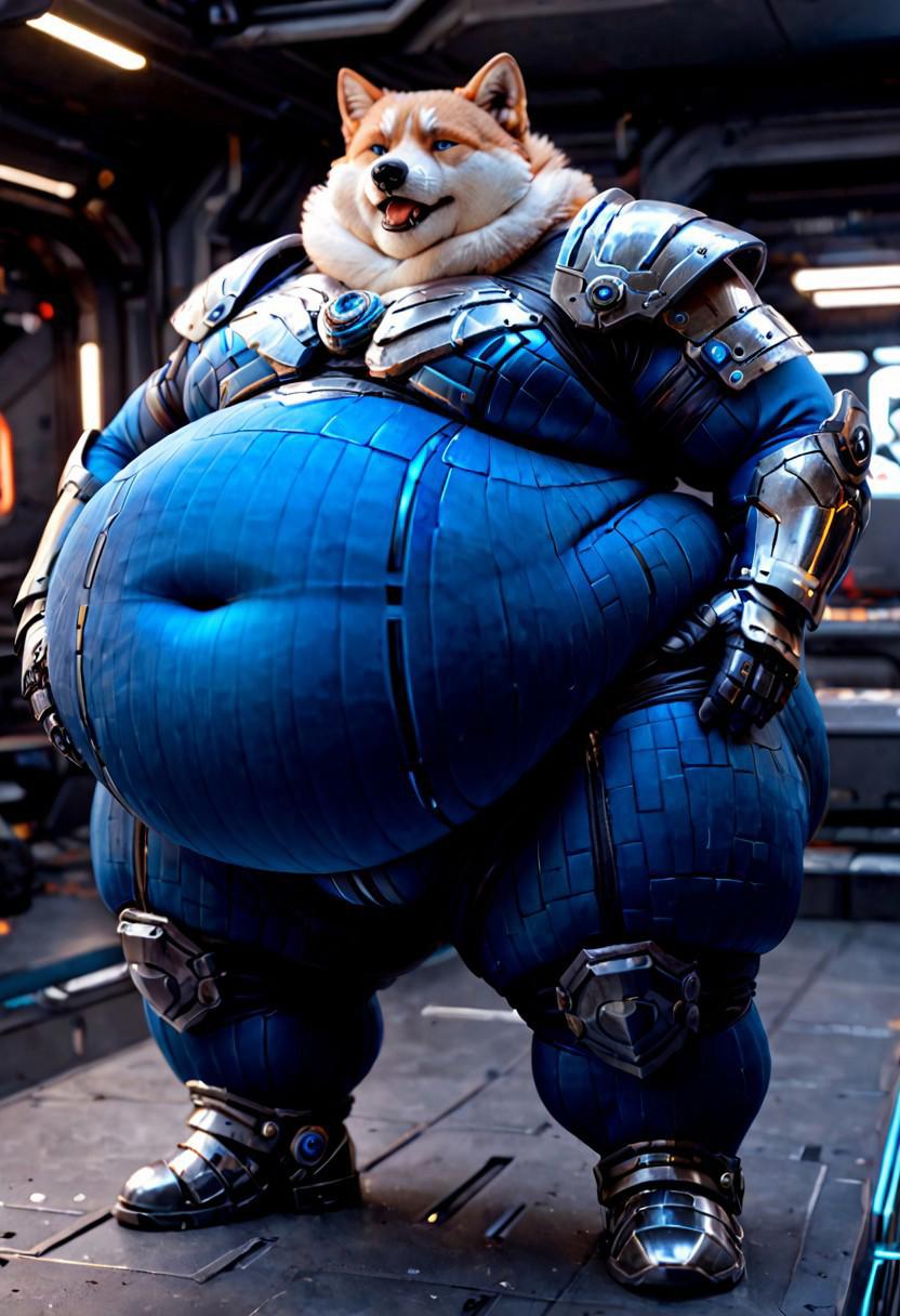 score_9, score 8_up, score_7_up, an obese plump male black wolf in robotic and futuristic armor, little fangs, full covered body, cyber boots, cyber bodysuit and armor, chubby, black pants, cyber shoulder pads, tight dark cyber belt, immensely large fat chubby round belly, moobs, fat arms, thick thighs, big legs, large plump belly fat, full cyber armor, furry male, holding huge cyber battle sword, rubbing his belly, glowing blue eyes, black and blue body fur, full body armor, cyber visor, black large long-sleeved sci-fi shirt, overweight, front-side view, small belly peek, 3D render" Photorealistic, hyper realistic, (extremely obese:1.7) immobile, glowing long blue boy hair, belly, gaining weight, fattening up, double chin, gluttonous, fat belly, belly, futuristic sci-fi cyber armor, smooth body fur, smooth fur, full stomach, fat and soft belly, growing fat, fatty, thick thighs, fat butt and tail, humongous stomach, hands on belly, (small belly peek:1.9), (extremely fat:1.9), chubby, weight gain, fat belly, (600lbs:2.0), chubby flanks, fat flanks, moobs, (fat and plump:2.0), chubby double chin, (chubby:1.9), fat gut, wide and chubby, big and fat, fat double chin, chubby and soft fat, standing in futuristic cyber bedroom, surrounded by games and cyber objects, sci-fi wallpapers and stuff, black and blue fur, (armor and bodysuit fitting perfectly on body:2.1), fully suited, big long fluffy tail, (fully suited body:2.2)