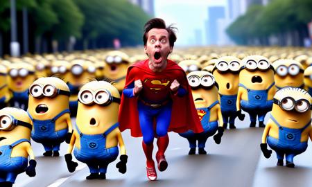 crowd of funny minions are running, open mouth, weird 1man, Jim Carrey superman flying, outdoors,  clenched hands, city, red cape, road, superhero, street, funny, very funny, fun, ridiculous, fart cloud, green poop, cartoonish