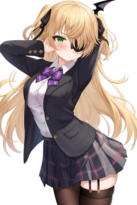 masterpiece, best quality, highres, solo, {fischl_genshin:1.10}, blonde_hair, long_hair, eyepatch, bangs, breasts, green_eyes, two_side_up, hair_over_one_eye, ribbon, hair_ribbon, blush, bow, medium_breasts, single_thighhigh, small_breasts, 1girl, alternate_costume, looking_at_viewer, shirt, skirt, plaid, plaid_skirt, pleated_skirt, simple_background, white_background, white_shirt, black_jacket, closed_mouth, collared_shirt, cowboy_shot, jacket, long_sleeves, pantyhose, school_uniform