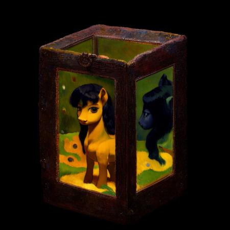 pony octavia, trapped in a small box, intricate detail, performance art, [squealing:3, ]Intricately designed, vibrant cinematic lighting, trending on ArtStation, pony[ light and space:6] [sculpture :3]by (Hendrik Kerstens Paul Gauguin (Dale Chihuly:0.25):[1.1:1.24:5])