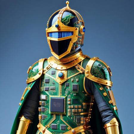 a knight in full armor made of overlapping circuit layers, joints articulated with gold-plated traces, helmet visor shaped from darkened LCD panel glass, power core glowing beneath a transparent CPU shield, cape woven from soldered ribbon cables, pcb_style