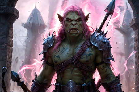 bioluminescent, an orc pit fighter with green skin, wearing minimal armor, holding a spiked mace, solo, from the Stonecrusher Clan, with stone armor and gray war paint, an orc war forge with multiple anvils, molten metal, weapon piles, detailed background, guarding a gate, holding a spear, alert, eyes scanning, action focus, medium shot, a battle against humans, orcs clashing with soldiers, arrows flying, a wooden bow with a quiver of arrows, nearby, on muddy ground, wet and sticky, foggy, thick mist swirling, dim visibility, dawn, soft pink and orange hues, early light, fresh air, best quality, vibrant colors, photorealistic style, high detail, high-definition, hyper-realistic, extremely high-resolution details, fine texture, incredibly lifelike, realistic, not cartoon, not drawing, highres, 4K resolution, source photo, realistic photo, masterpiece, best quality, amazing quality, very aesthetic, ultra-detailed, detailed textures, natural lighting, soft lighting, shadowy tones, deep blacks and grays, lava glow, fiery red glow, dynamic angle, wide shot, <lora:Mystic_Lumina_r1-000007:0.9>