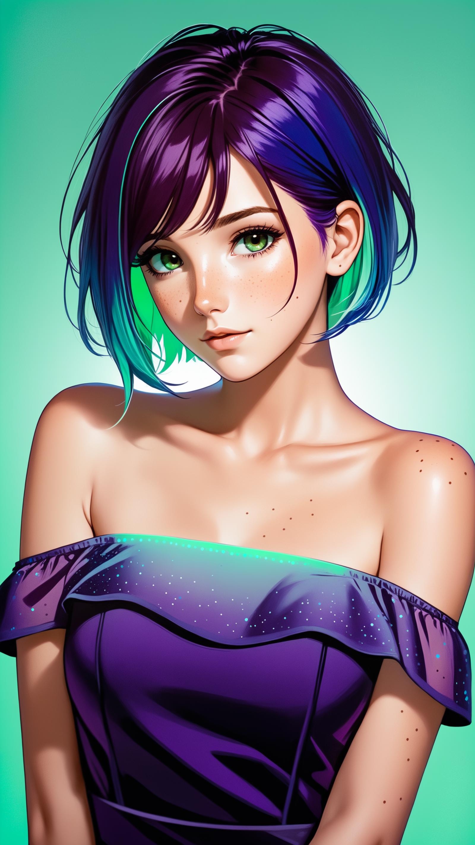 Anime girl with green eyes and purple hair in a purple dress.