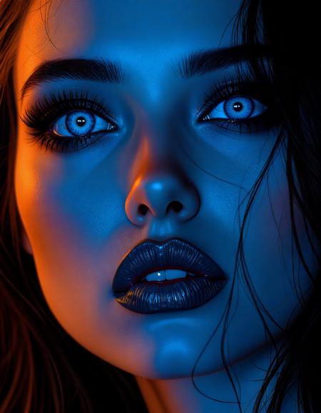 (dark mood masterpiece Photography:1.2), portrait of a mysterious woman with blue eyes and bold eyeliner, she has sensuous lips, looking seductively, naughty, shy smirking. The extreme realism focuses on her detailed skin, showing fine textures and natural highlights. photography masterpiece, modern, irresistible beauty, fuzzy lighting, dark mood, unusual composition, use of negative space, (rule of thirds composition), simmetry , mysteriouse, emotional, flirting, (fine erotic content:0.65), groundbreaking unrivaled opus with unrivaled details, (Neon Orange color scheme), highly detailed, melancholic, low-light hyper detailed photography, catchlights, extreme close-up shot,style by luis royo