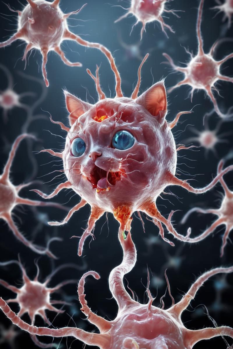 A Cell with a Cat Face on a Neuron in a Black Background