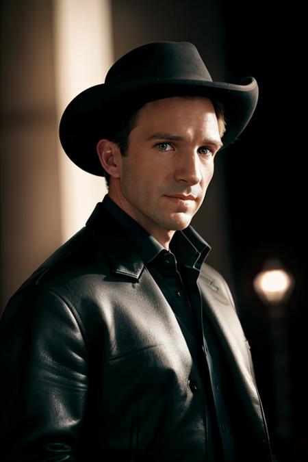 a handsome man in a black cowboy hat <lora:ralphFiennes:1> midnight, 8K, RAW, UHD, candid, amateur, ominous lighting