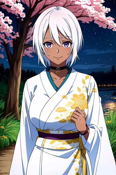 <lora:Nana Bassler:0.9> Nana Bassler, 1girl, solo, breasts, dark skin, dark-skinned female, purple eyes, large breasts, short hair, jewelry, japanese kimono, white kimono, sakura pattern, bracelet, looking at viewer, belt, smile, choker, white hair, sky, night sky, tree, outdoors, star (sky), upper body, starry sky, looking at viewer, ((Extremely Detailed)), ((Best Quality)), ((Masterpiece)), ((4k))