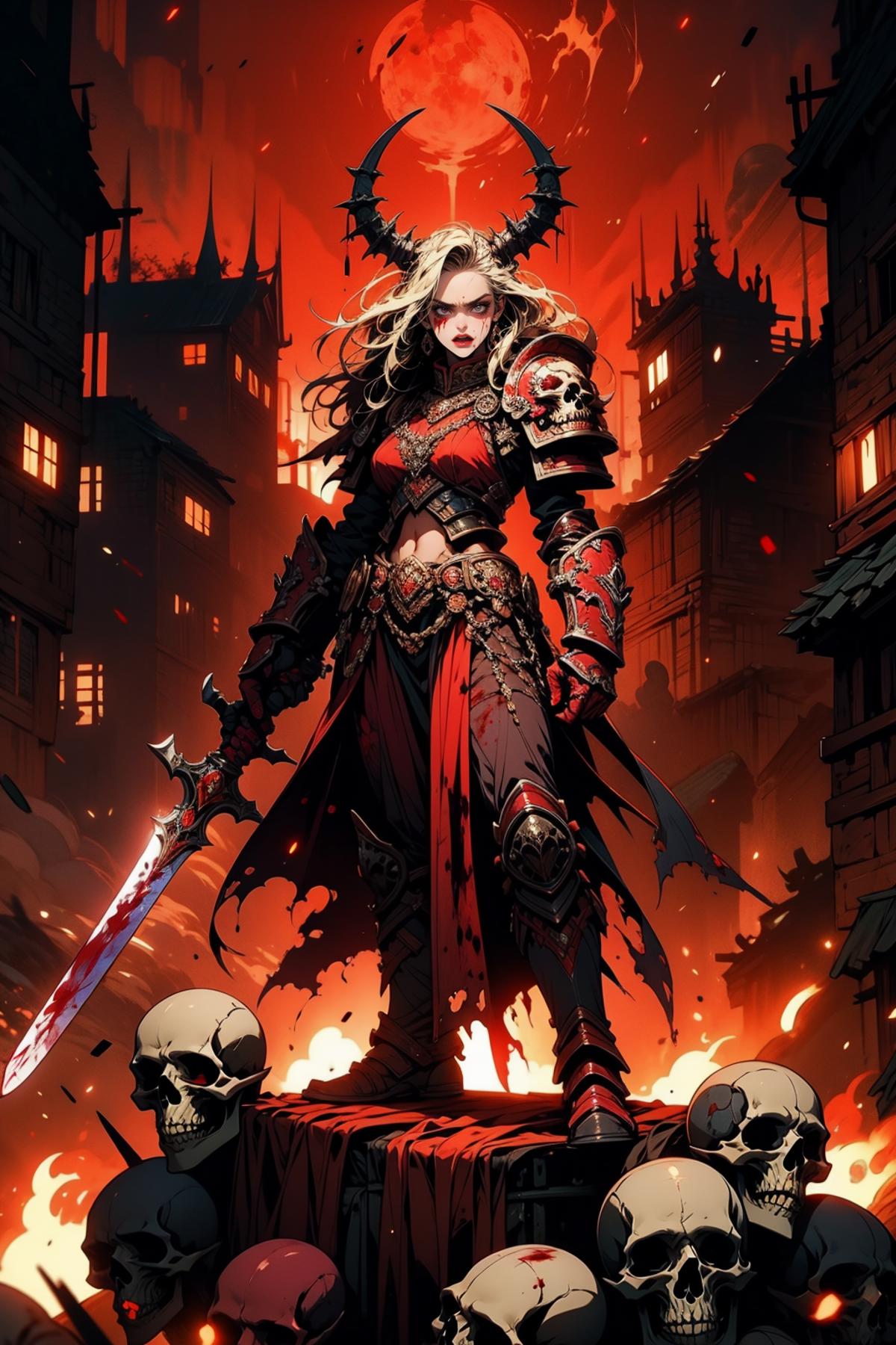 A warrior dressed in red armor stands on skulls as she wields a sword.
