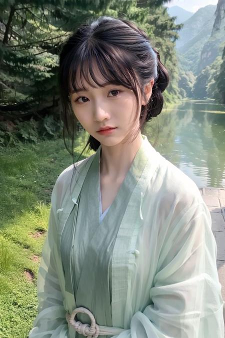 (4k, best quality), (realistic, photo-realistic),(yaqian),
1girl, solo,(upper body),(looking_at_viewer),
chinese clothes, hanfu, 
nature, river,sunny,
<lora:yaqian_v10:0.7>