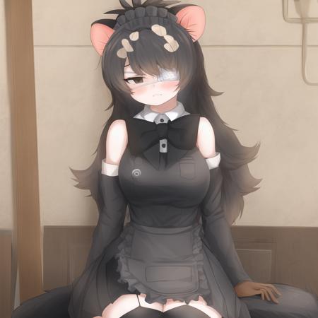 ausdev, 1girl, eyepatch, solo, medical eyepatch, long hair, black hair, tasmanian devil ears, tasmanian devil tail, brown eyes, detached sleeves, bangs, long sleeves, bare shoulders, empty eyes, frills, brown gloves, black pleated skirt, one eye covered, black neckwear, black sleeves, two-tone hair, black bowtie, black thigh-highs, black sleeveless shirt, black waist apron, detailed shading, detailed ambient light