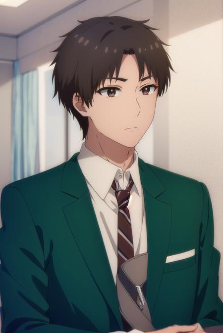 junichiroukubota, <lora:junichirou kubota s1-lora-nochekaiser:1>,
junichirou kubota, short hair, bangs, brown hair, (brown eyes:1.5), male focus,
BREAK shirt, long sleeves, school uniform, jacket, white shirt, open clothes, necktie, collared shirt, pants, open jacket, black pants, blazer, red necktie, (green jacket:1.5), brown pants,
BREAK indoors, classroom,
BREAK looking at viewer, (cowboy shot:1.5),
BREAK <lyco:GoodHands-beta2:1>, (masterpiece:1.2), best quality, high resolution, unity 8k wallpaper, (illustration:0.8), (beautiful detailed eyes:1.6), extremely detailed face, perfect lighting, extremely detailed CG, (perfect hands, perfect anatomy),