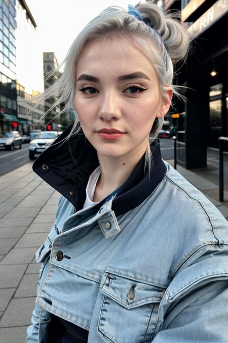 instagram photo, closeup face photo of 23 y.o Chloe, pale skin, hard shadows,  <lora:ValorantJett:1> ,hair twirling, hair tucking, white hair, asian,  make up, perfect skin, blue jacket, city street, night, facing viewer, bangs