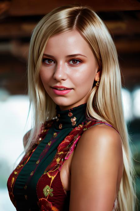 A stunning intricate full color portrait of a woman, wearing a floral turtleneck, having fun, epic character composition,by ilya kuvshinov, alessio albi, nina masic,sharp focus, natural lighting, subsurface scattering, f2, 35mm, film grain, portait, closeup, very detailed skin texture<lora:ShrimaMalati:1>