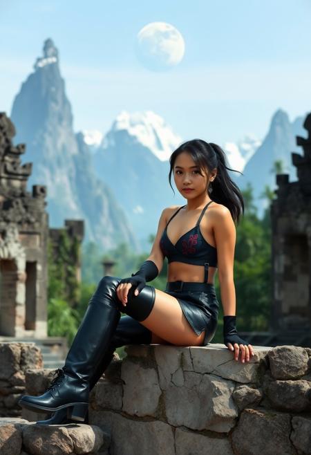 Petite and slender Asian woman. Dark hair tied back into pony tail. Blue eyes. Light makeup. Dark blue leather sports bra, short black leather skirt. High black leather boots. Black fingerless gloves. Her leather outfit is trimmed with red embroidered patterns. She is sat on a wall in a ruined temple, its broken walls absorbed into the surrounding jungle. In the background tall snow capped, jagged peaks soar into a blue sky, a ghostly ringed moon is rising