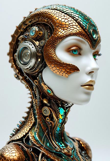 Behold the captivating union of human and reptilian essences. A robotic being's scaly head mesmerizes against a pristine white background, and its otherworldly eyes enthrall the viewer.
Experience a woman's enchanting metamorphosis, as she reveals a metallic body covered in copper and bronze scales that shimmer with a mysterious iridescence.
Mirrors and fabrics contribute to an otherworldly atmosphere, while the piece incorporates steampunk design elements to create a seamless blend of futuristic aesthetics. Explore the ever-changing dimensions of reality, as you delve into the enigmatic world of this mesmerizing artwork.