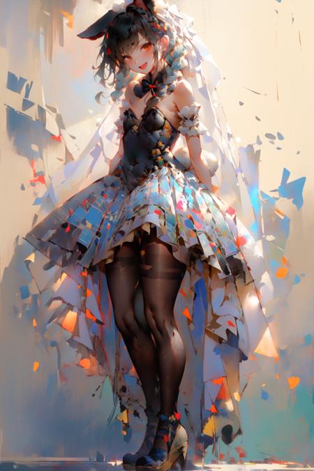 <lora:CraigMullins:1>, 1girl, usada pekora, solo, virtual youtuber, animal ears, food-themed hair ornament, rabbit ears, carrot hair ornament, long hair, hair ornament, gloves, blue hair, full body, pantyhose, twin braids, braid, multicolored hair, white hair, black gloves, thick eyebrows, two-tone hair, don-chan (usada pekora), open mouth, animal ear fluff, fur trim, looking at viewer, shoes, white footwear, simple background, white background, smile, standing, twintails, bangs, breasts, strapless, leotard, short sleeves, detached sleeves, black leotard, puffy short sleeves, bow, puffy sleeves, dress, upper teeth only, bridal garter, fur-trimmed gloves, white dress, rabbit girl, short eyebrows, small breasts, teeth, leotard under clothes, hair bow, bare shoulders, black pantyhose, fur-trimmed dress, :d, strapless leotard, blush, fur scarf, orange eyes, white bow, symbol-shaped pupils, strapless dress, brown pantyhose, hikimayu, white sleeves