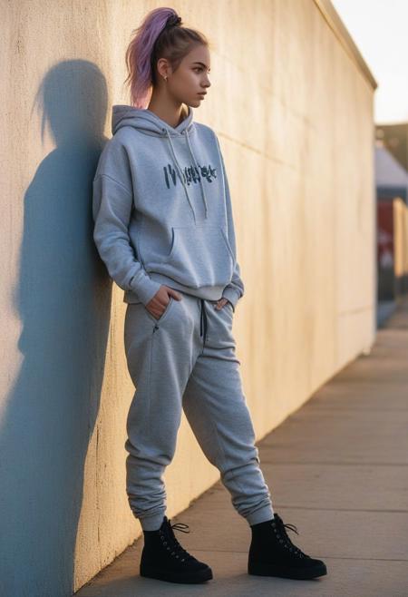 fashion photography, side view, golden hour lighting,
pale 20yo woman leaning on wall, looking into the distance, standing, one one leg drawn, wearing loose pants and loose cropped hoodie, wearing boots, layered muted colorful hair, midriff, graffiti,TWbabeXL01