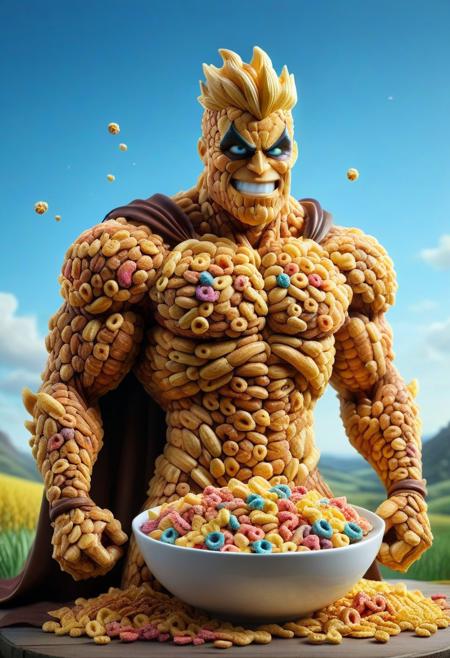 Masterpiece, High Details, HD, 8K, Photorealistic, perfect, High Quality,
"Create a highly detailed image of a fantastical character made entirely of colorful breakfast cereals. This character stands tall and imposing, radiating a sense of power and majesty. Its body is sculpted from a variety of cereals, such as golden cornflakes, vibrant fruit loops, and crunchy oats, all intricately layered to form a muscular and dynamic physique. The character's eyes are made of glossy chocolate puffs, glowing with an intense energy. Adorn the character with armor made of honeycombs and a cape flowing like a waterfall of milk. The background is a whimsical landscape of oversized cereal bowls and spoons, with a bright, cheerful sky. The character strikes a heroic pose, showcasing its strength and bravery, as cereal pieces sparkle in the sunlight. Emphasize the textures and colors of the cereals to bring this delightful creation to life."
 f/1.8 - f/4, Adjust Exposure, light sharpening, warm light.