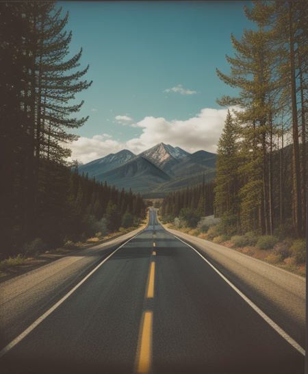 polaroid photo of a road, warm tones, perfect landscape
