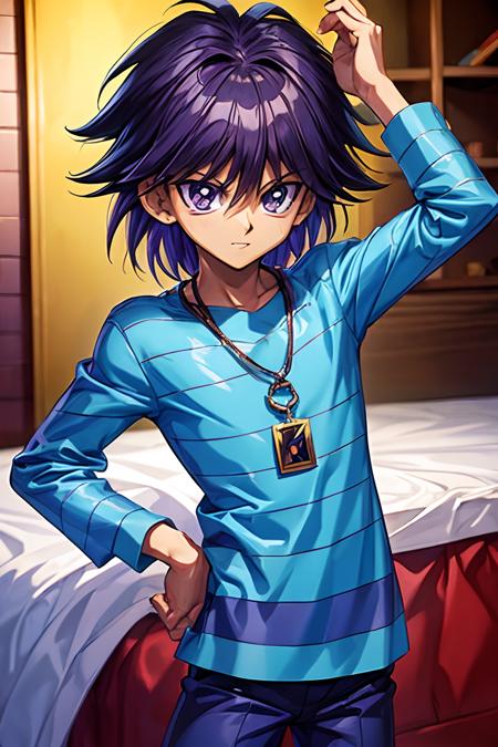 (masterpiece, best quality, ultra-detailed), 1boy, purple hair, looking at viewer, serius expression, Mokuba Kaiba,bedroom ,boy body