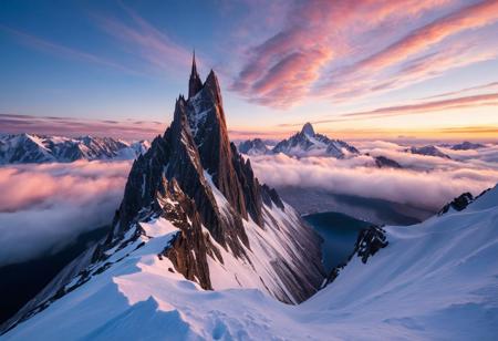 A cinematic wide shot photography of the view On a jagged peak surrounded by a sea of swirling clouds where sharp stone spires pierce the sky. At winter dawn, rosy light glints on frost-coated flakes, each breath hisses in frozen air, and the summit lies silent under fresh snow, masterpiece, best quality, amazing quality, very aesthetic, high resolution, ultra-detailed, absurdres, scenery, film grain, HDR, 8K, high contrast, realistic, cosplay, muted lithing, sharp focus, (chromatic aberration), fine details