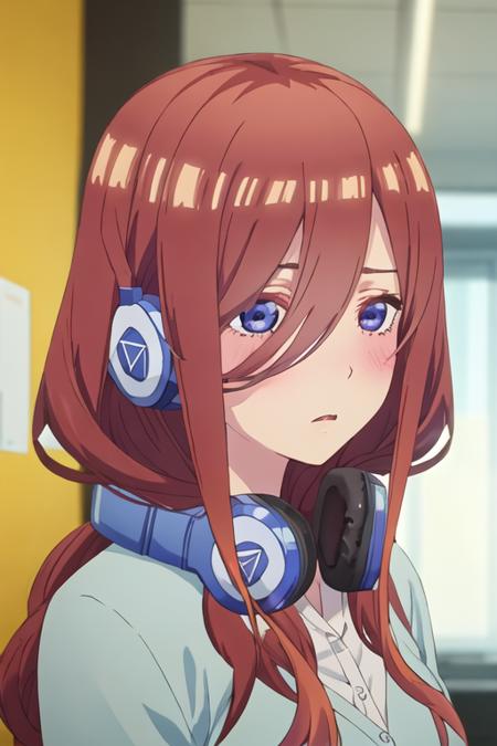 best quality, masterpiece, highres, solo, {nakano_miku_gotoubunnohanayome:1.15}, long_hair, brown_hair, bangs, hair_between_eyes, blue_eyes, headphones_around_neck, headphones, blush, closed_mouth, shiny_hair, 1girl, blurry, blurry_background, portrait, shiny, looking_at_viewer