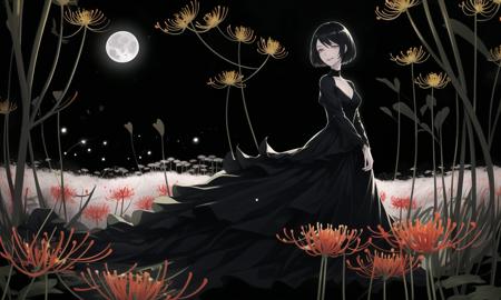 a woman standing in a spider lily field at night, black dress, parted lips, light smile, moonlit night, starry sky, solo