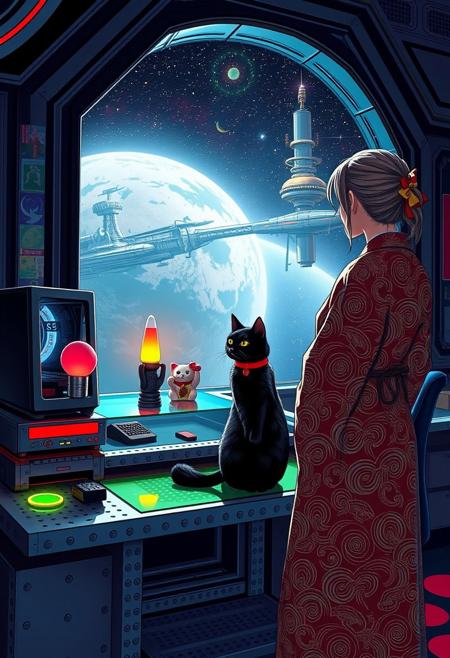 YFG-Asak Surreal Pop Art Style, a bright, whimsical scene of A sleek black cat with red collar sits on a cluttered metal riveted desk with transparent top and led lit computer components visible inside, On the desk are a maneki neko statue and a lava lamp, the Black cat is looking out of a seamless and futuristic floor to ceiling window that looks out at a planet from low orbit, (((a beautiful woman, 24 years old, is standing next to the desk looking out the window, the woman is dressed in an ornate Japanese style bath robe. An enormous deco-cyberpunk starship with futuristic lighting and an enormous space station are visible in the background among the stars, The woman's hair is messy from just waking up and tied up with a ribbon. Artistic cyberpunk, dynamic perspective, (((overall architectural aesthetic is Art Deco Cyberpunk))).  Epic image that elicits a feeling of wonder and awe,  all set against a striking, abstract background with bold, geometric patterns.