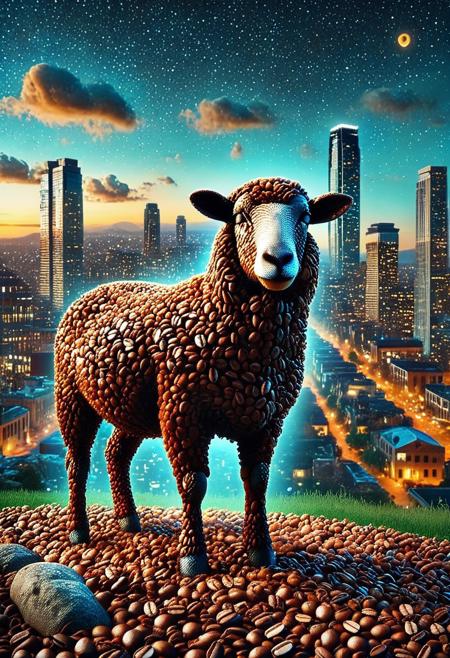 masterpiece, best quality, very aesthetic, absurdres,(score_9, score_8_up, score_7_up), createconcept, addmicrodetails, coffee beans, epic background, nightsky cityscape landscapes with a lot of coffee beans, a (sheep) covered in coffee beans, glowing eyes, vivid eye color, (beautiful eyes:1.2), (gradient iris, crisp iris edges), confident pose, action dynamic pose, lazypos