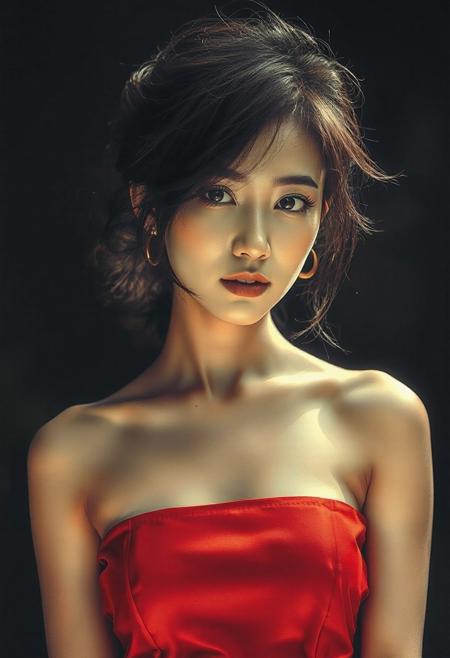 photorealistic poster ink art, double exposure image, the firstimage positioned at the top, featuring a closeup portrait of a beautiful oriental women wearing a short red dress, disheveled hair, bare shoulders, slightly parted lips, detailed fabric, [masterpiece], [best quality], chiascuro,